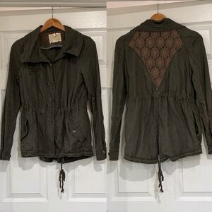 Anthropologie Hei Hei Dark Olive Utility Jacket with Lace Detail